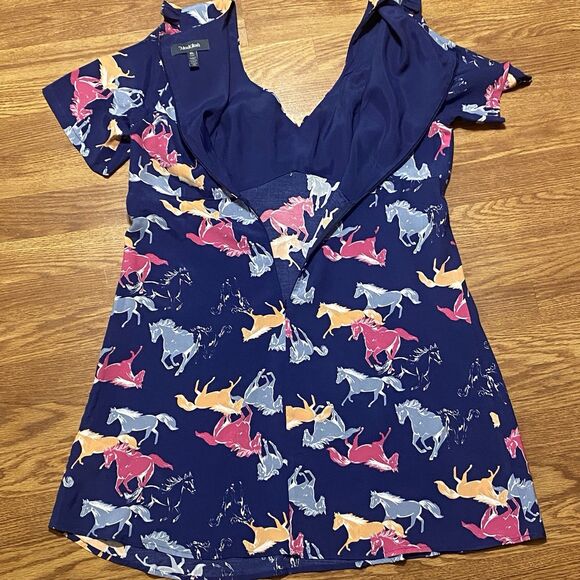 Anthropologie Modcloth Blue Horse Equestrian Dress Short Ruffle Sleeved XL - Picture 3 of 16